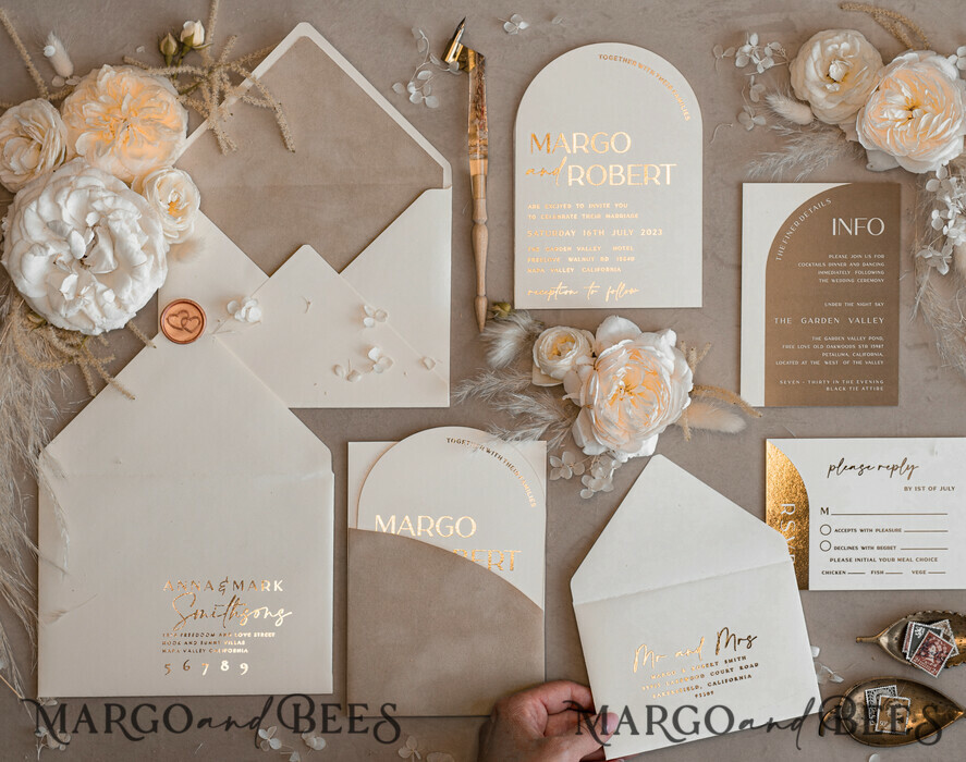 WEDDING INVITATIONS gold / rose gold / silver / glitter Custom Wedding invitations velvet beige pocket, Elegant Arch Wedding Invitations, Gold Wedding Invitation Suite, Luxury wedding Cards