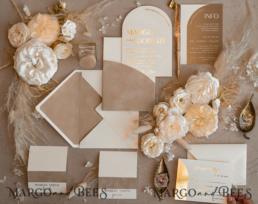 WEDDING INVITATIONS gold / rose gold / silver / glitter Custom Wedding invitations velvet beige pocket, Elegant Arch Wedding Invitations, Gold Wedding Invitation Suite, Luxury wedding Cards
