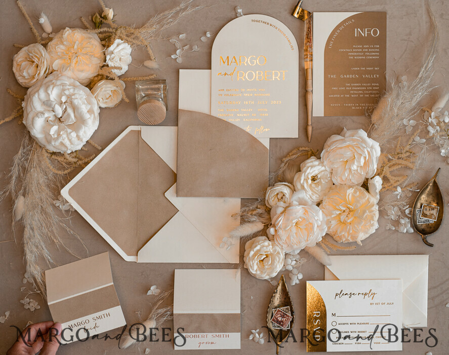 WEDDING INVITATIONS gold / rose gold / silver / glitter Custom Wedding invitations velvet beige pocket, Elegant Arch Wedding Invitations, Gold Wedding Invitation Suite, Luxury wedding Cards