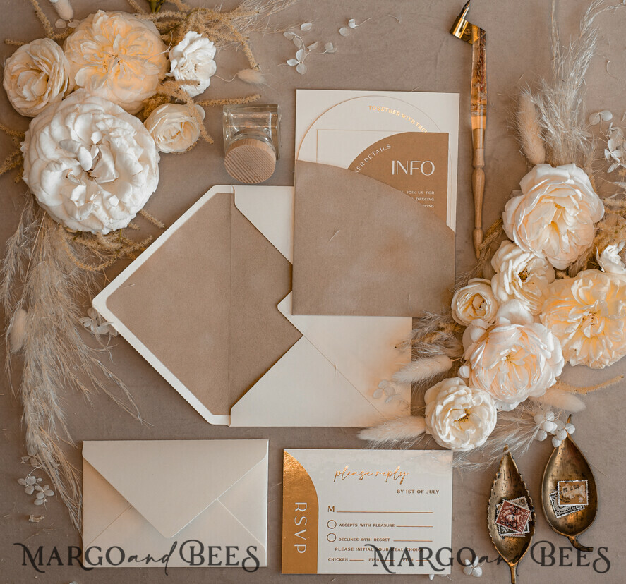 WEDDING INVITATIONS gold / rose gold / silver / glitter Custom Wedding invitations velvet beige pocket, Elegant Arch Wedding Invitations, Gold Wedding Invitation Suite, Luxury wedding Cards