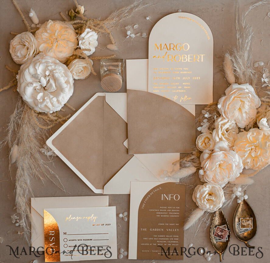 WEDDING INVITATIONS gold / rose gold / silver / glitter Custom Wedding invitations velvet beige pocket, Elegant Arch Wedding Invitations, Gold Wedding Invitation Suite, Luxury wedding Cards