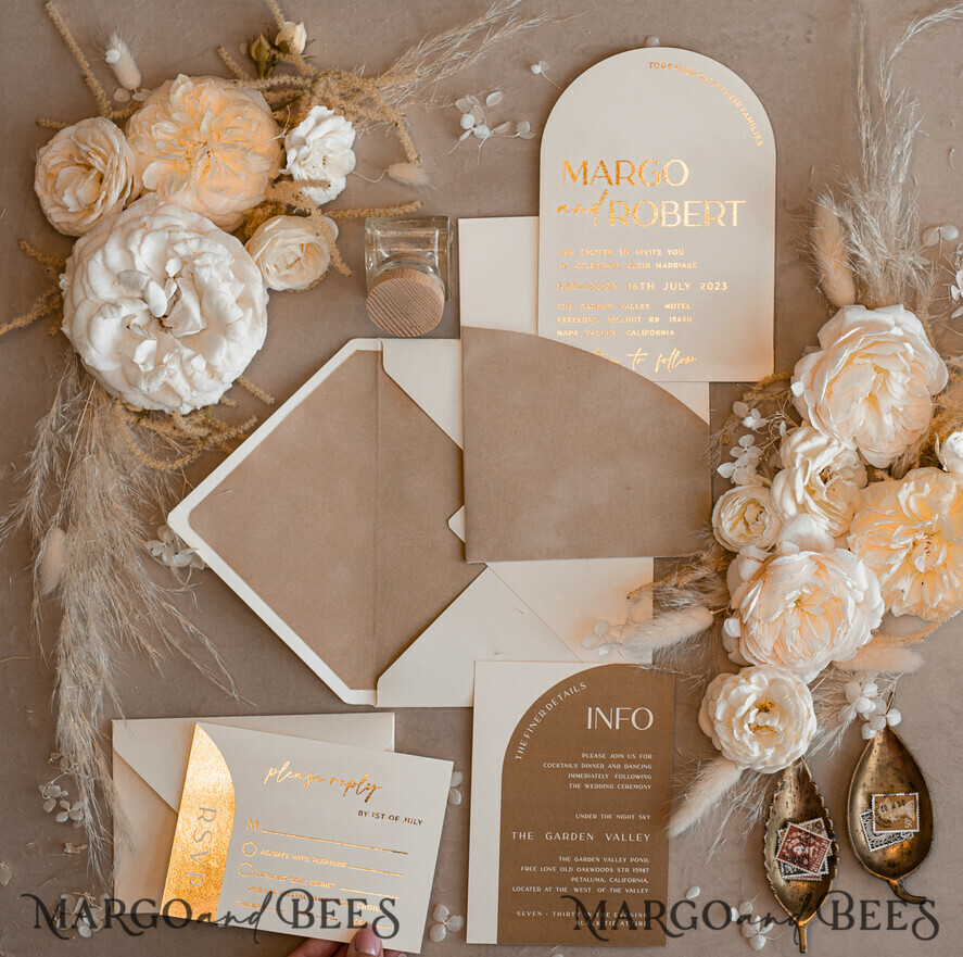 WEDDING INVITATIONS gold / rose gold / silver / glitter Custom Wedding invitations velvet beige pocket, Elegant Arch Wedding Invitations, Gold Wedding Invitation Suite, Luxury wedding Cards