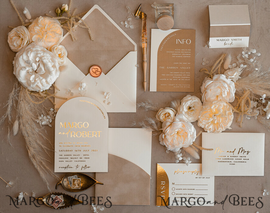 WEDDING INVITATIONS gold / rose gold / silver / glitter Custom Wedding invitations velvet beige pocket, Elegant Arch Wedding Invitations, Gold Wedding Invitation Suite, Luxury wedding Cards