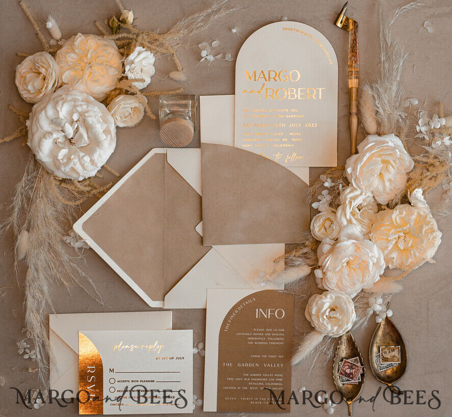 WEDDING INVITATIONS gold / rose gold / silver / glitter Custom Wedding invitations velvet beige pocket, Elegant Arch Wedding Invitations, Gold Wedding Invitation Suite, Luxury wedding Cards