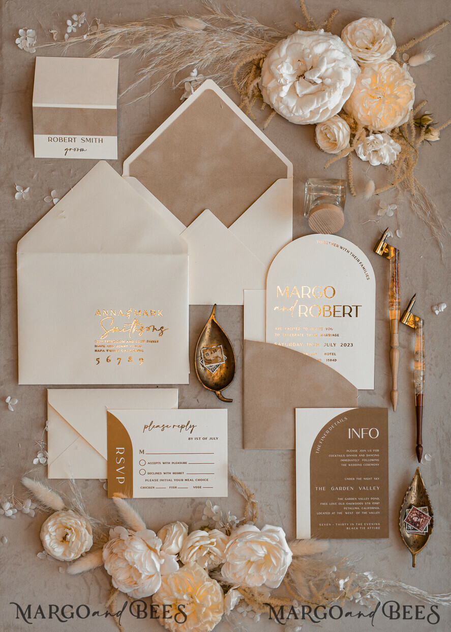 WEDDING INVITATIONS gold / rose gold / silver / glitter Custom Wedding invitations velvet beige pocket, Elegant Arch Wedding Invitations, Gold Wedding Invitation Suite, Luxury wedding Cards