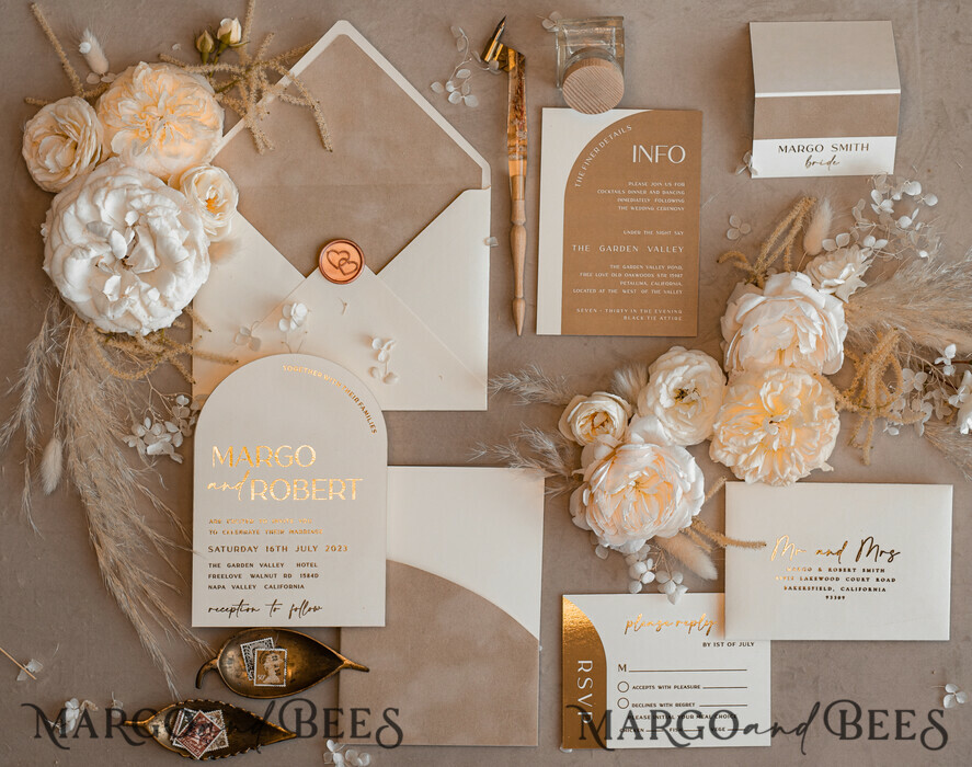 WEDDING INVITATIONS gold / rose gold / silver / glitter Custom Wedding invitations velvet beige pocket, Elegant Arch Wedding Invitations, Gold Wedding Invitation Suite, Luxury wedding Cards