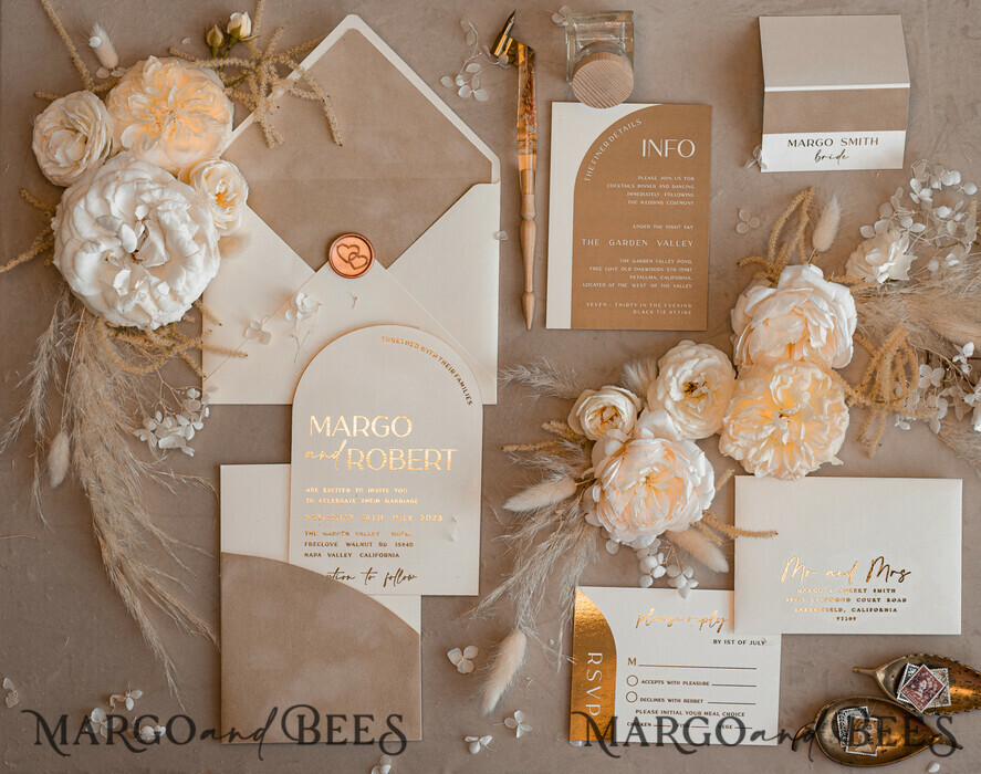 WEDDING INVITATIONS gold / rose gold / silver / glitter Custom Wedding invitations velvet beige pocket, Elegant Arch Wedding Invitations, Gold Wedding Invitation Suite, Luxury wedding Cards