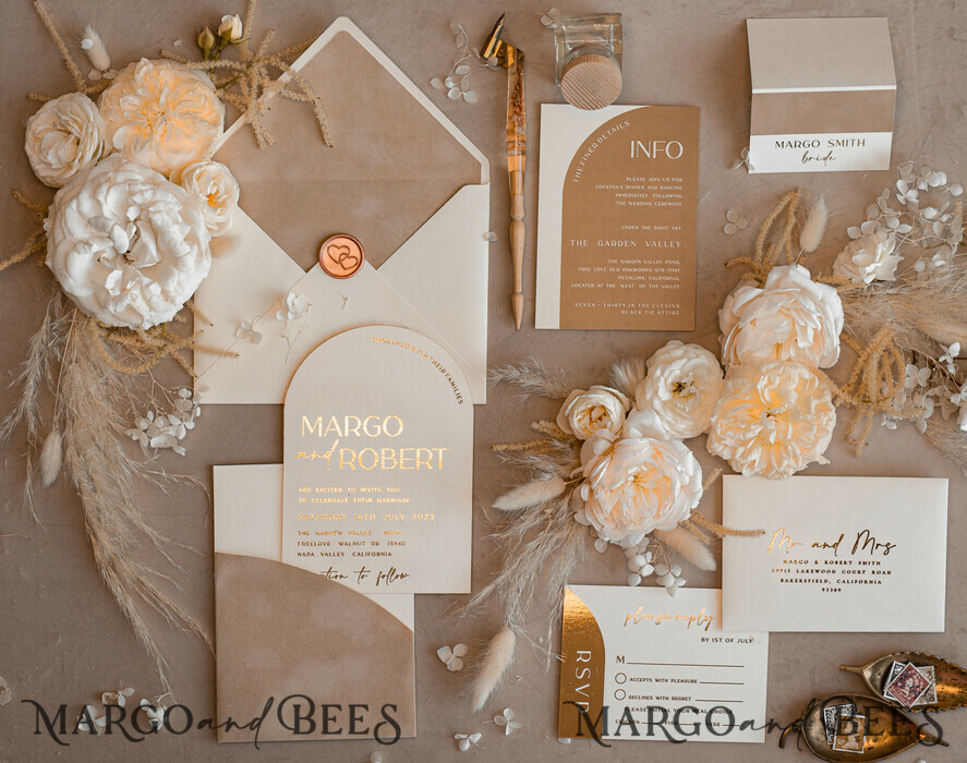 WEDDING INVITATIONS gold / rose gold / silver / glitter Custom Wedding invitations velvet beige pocket, Elegant Arch Wedding Invitations, Gold Wedding Invitation Suite, Luxury wedding Cards