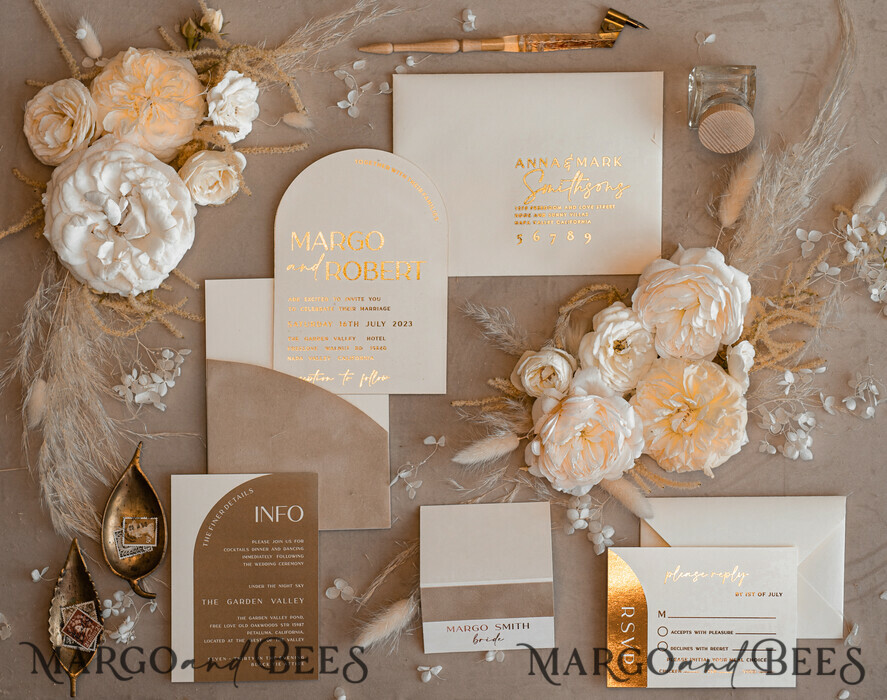 WEDDING INVITATIONS gold / rose gold / silver / glitter Custom Wedding invitations velvet beige pocket, Elegant Arch Wedding Invitations, Gold Wedding Invitation Suite, Luxury wedding Cards
