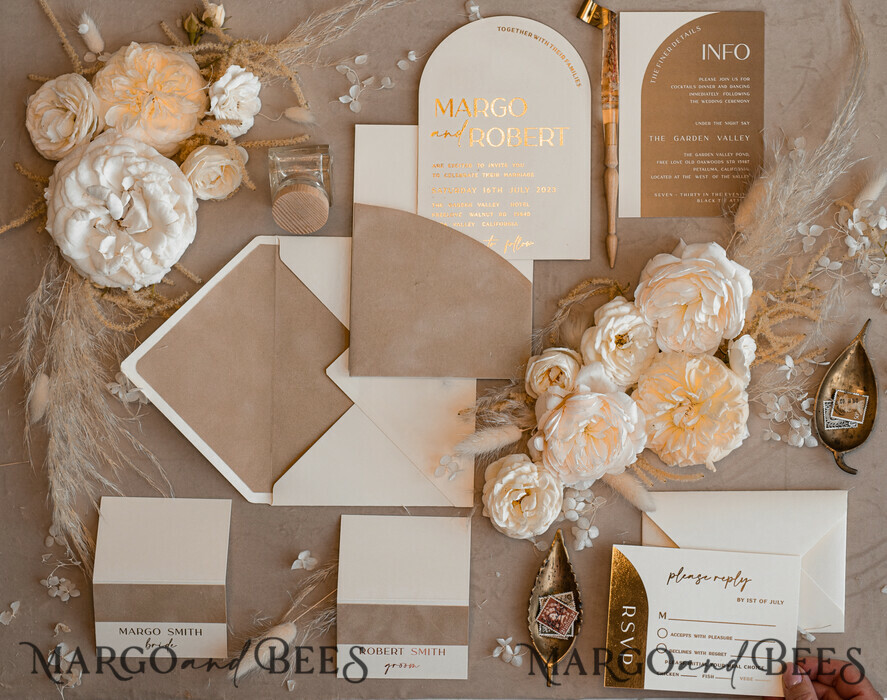 WEDDING INVITATIONS gold / rose gold / silver / glitter Custom Wedding invitations velvet beige pocket, Elegant Arch Wedding Invitations, Gold Wedding Invitation Suite, Luxury wedding Cards