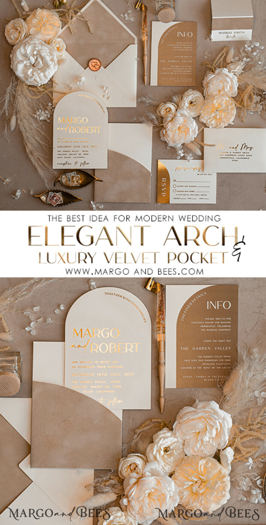 WEDDING INVITATIONS gold / rose gold / silver / glitter Custom Wedding invitations velvet beige pocket, Elegant Arch Wedding Invitations, Gold Wedding Invitation Suite, Luxury wedding Cards