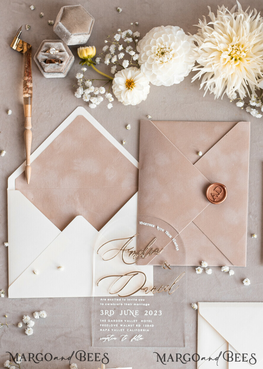 WEDDING INVITATIONS gold / rose gold / silver / glitter Arch Golden Acrylic wedding invitation suite, Velvet Beige Wedding Invites, Glamour Plexi Glass Wedding Invitations