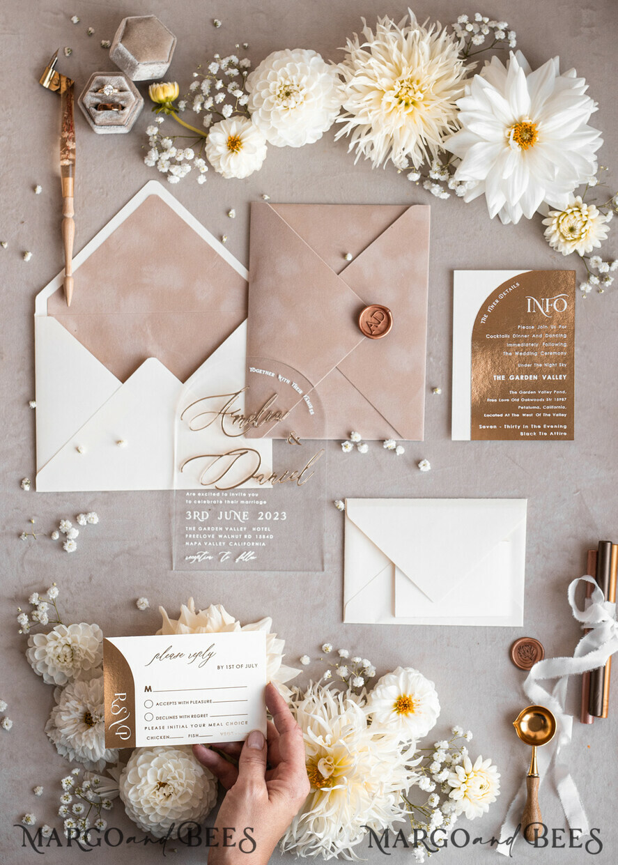 WEDDING INVITATIONS gold / rose gold / silver / glitter Arch Golden Acrylic wedding invitation suite, Velvet Beige Wedding Invites, Glamour Plexi Glass Wedding Invitations