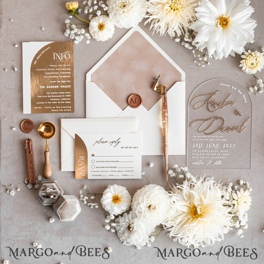 WEDDING INVITATIONS gold / rose gold / silver / glitter Arch Golden Acrylic wedding invitation suite, Velvet Beige Wedding Invites, Glamour Plexi Glass Wedding Invitations