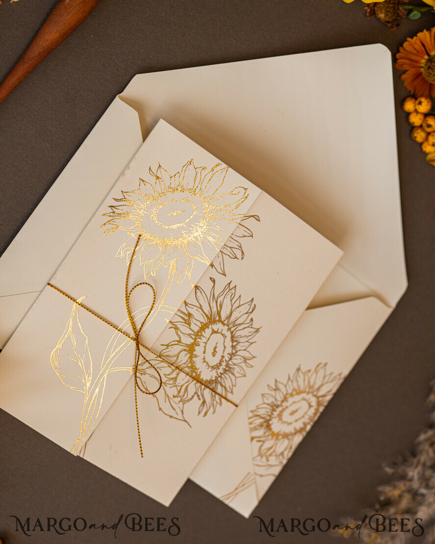 WEDDING INVITATIONS gold / rose gold / silver / glitter Luxury Gold Foil Wedding Invitations, Romantic Summer Wedding Stationery, Elegant Golden Sunflower Wedding Cards, Glamour Nude Wedding Stationery