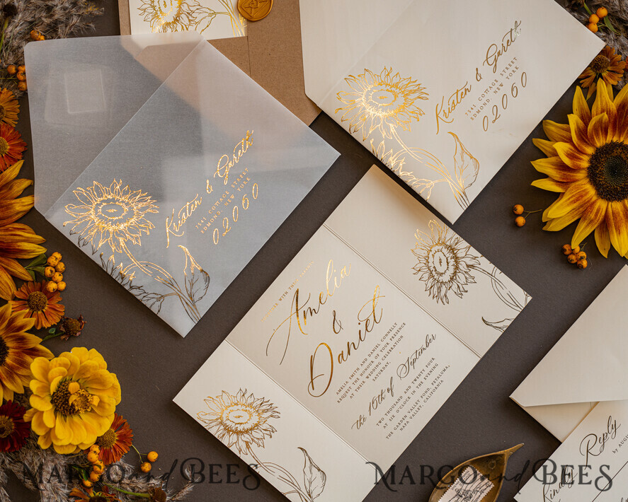 WEDDING INVITATIONS gold / rose gold / silver / glitter Luxury Gold Foil Wedding Invitations, Romantic Summer Wedding Stationery, Elegant Golden Sunflower Wedding Cards, Glamour Nude Wedding Stationery