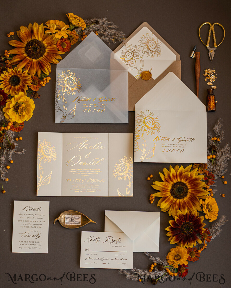 WEDDING INVITATIONS gold / rose gold / silver / glitter Luxury Gold Foil Wedding Invitations, Romantic Summer Wedding Stationery, Elegant Golden Sunflower Wedding Cards, Glamour Nude Wedding Stationery