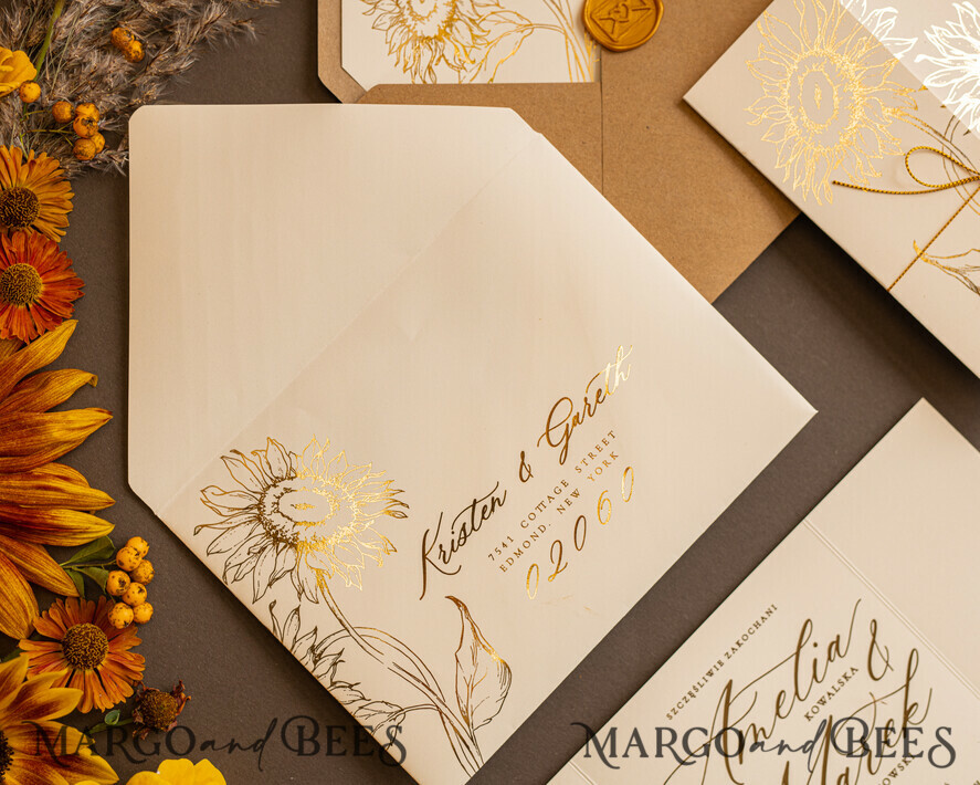 WEDDING INVITATIONS gold / rose gold / silver / glitter Luxury Gold Foil Wedding Invitations, Romantic Summer Wedding Stationery, Elegant Golden Sunflower Wedding Cards, Glamour Nude Wedding Stationery