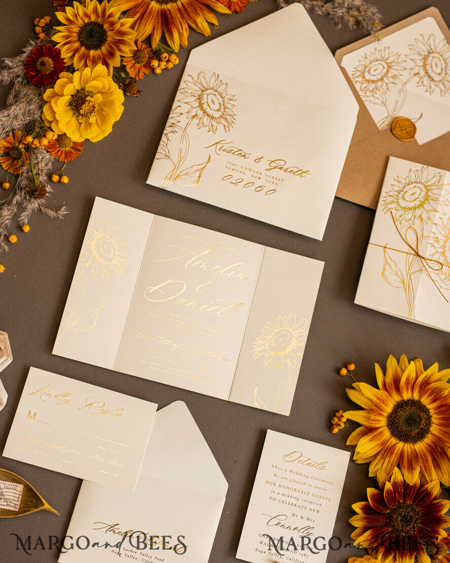 WEDDING INVITATIONS gold / rose gold / silver / glitter Luxury Gold Foil Wedding Invitations, Romantic Summer Wedding Stationery, Elegant Golden Sunflower Wedding Cards, Glamour Nude Wedding Stationery