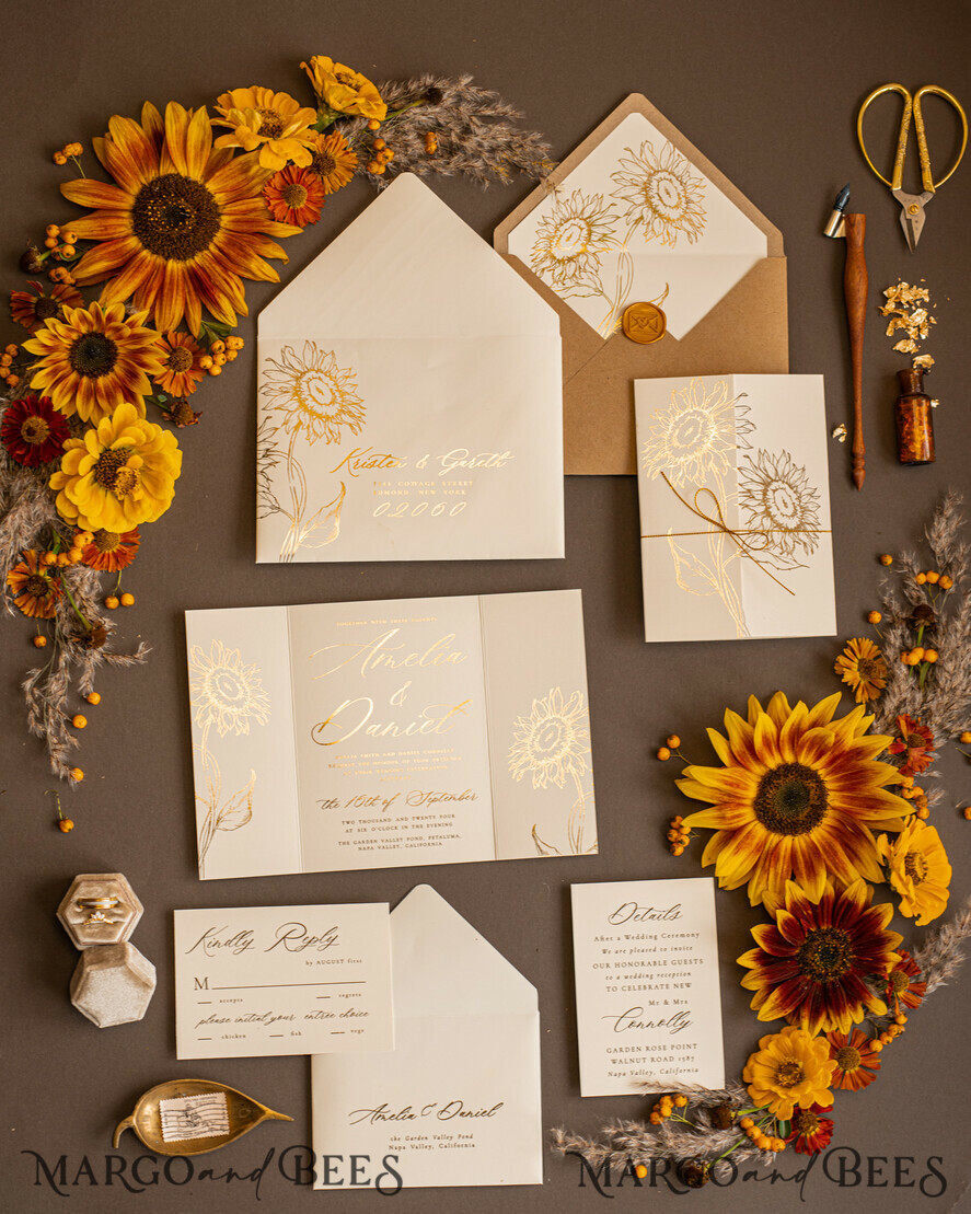 WEDDING INVITATIONS gold / rose gold / silver / glitter Luxury Gold Foil Wedding Invitations, Romantic Summer Wedding Stationery, Elegant Golden Sunflower Wedding Cards, Glamour Nude Wedding Stationery