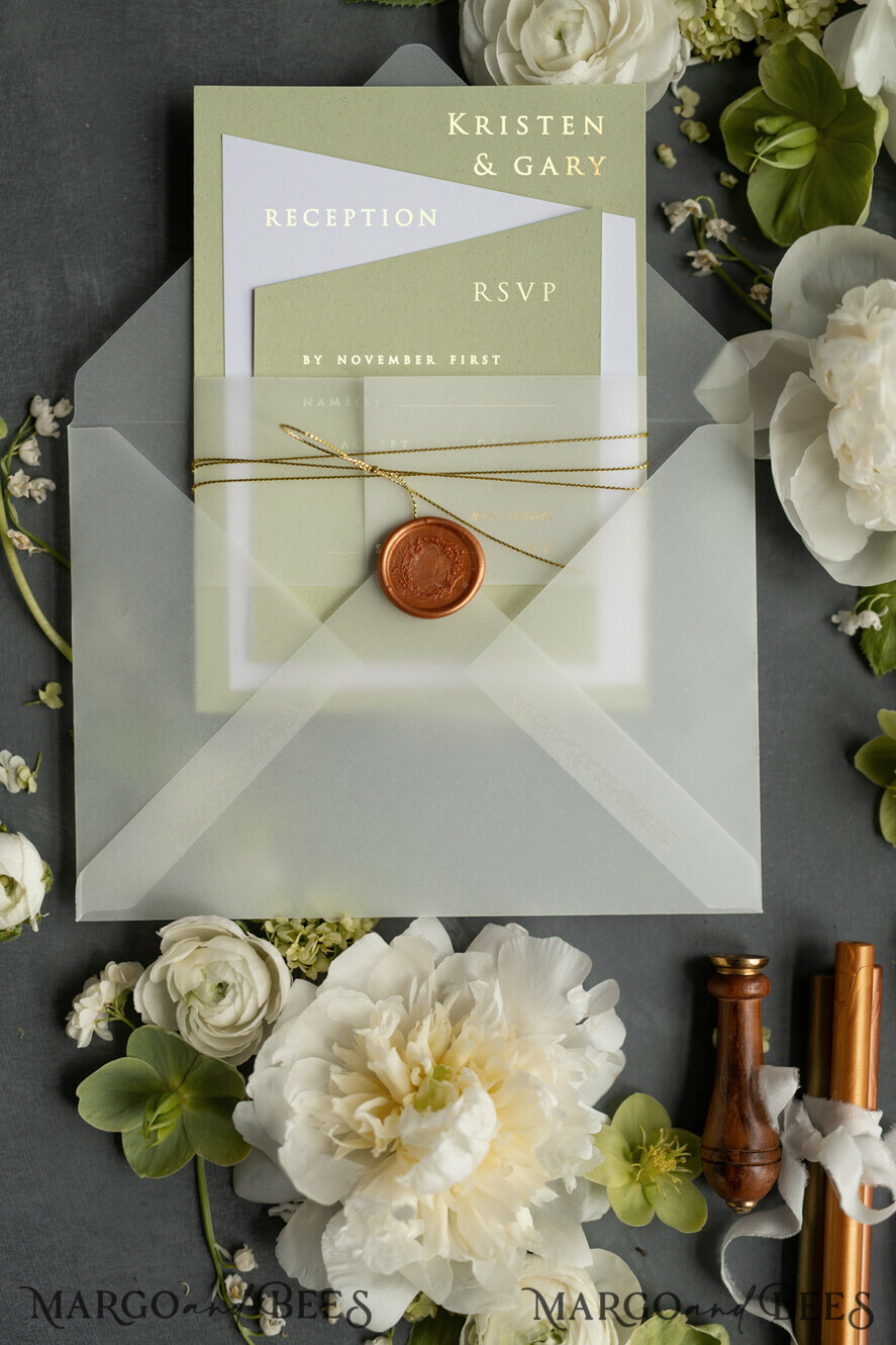 WEDDING INVITATIONS gold / rose gold / silver / glitter Luxury Gold Foil Wedding Invites, Elegant Sage Green Wedding Invites, Glamour Golden Shine Wedding Invitation Suite, Geometric Wedding Cards