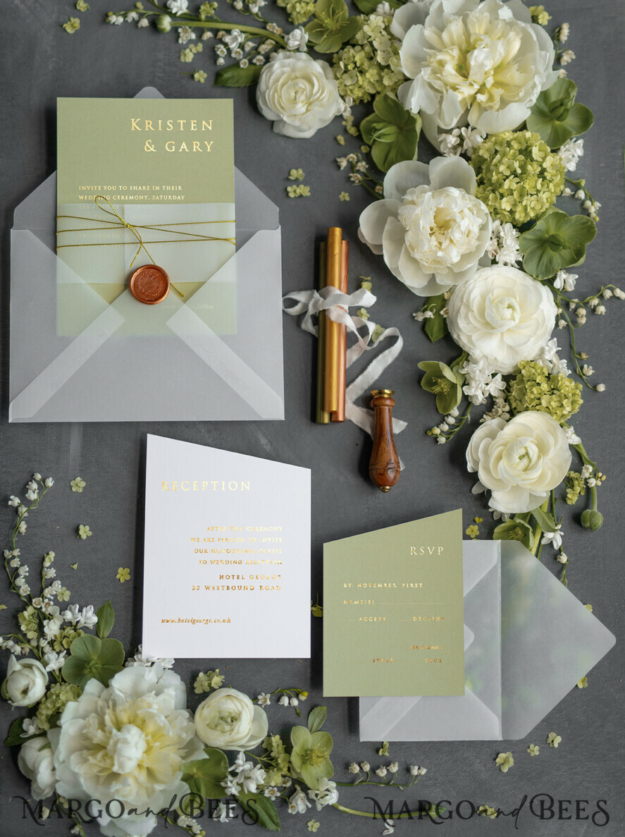 WEDDING INVITATIONS gold / rose gold / silver / glitter Luxury Gold Foil Wedding Invites, Elegant Sage Green Wedding Invites, Glamour Golden Shine Wedding Invitation Suite, Geometric Wedding Cards