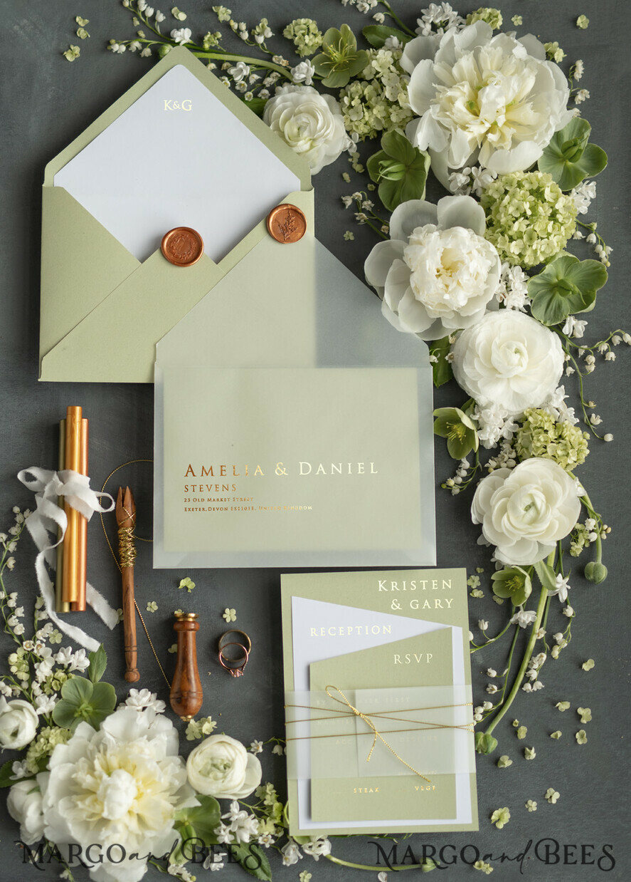 WEDDING INVITATIONS gold / rose gold / silver / glitter Luxury Gold Foil Wedding Invites, Elegant Sage Green Wedding Invites, Glamour Golden Shine Wedding Invitation Suite, Geometric Wedding Cards