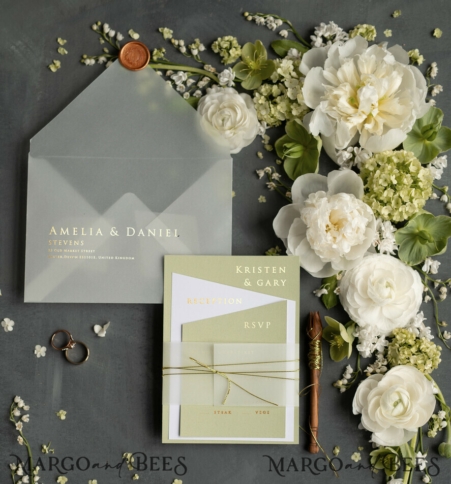 WEDDING INVITATIONS gold / rose gold / silver / glitter Luxury Gold Foil Wedding Invites, Elegant Sage Green Wedding Invites, Glamour Golden Shine Wedding Invitation Suite, Geometric Wedding Cards