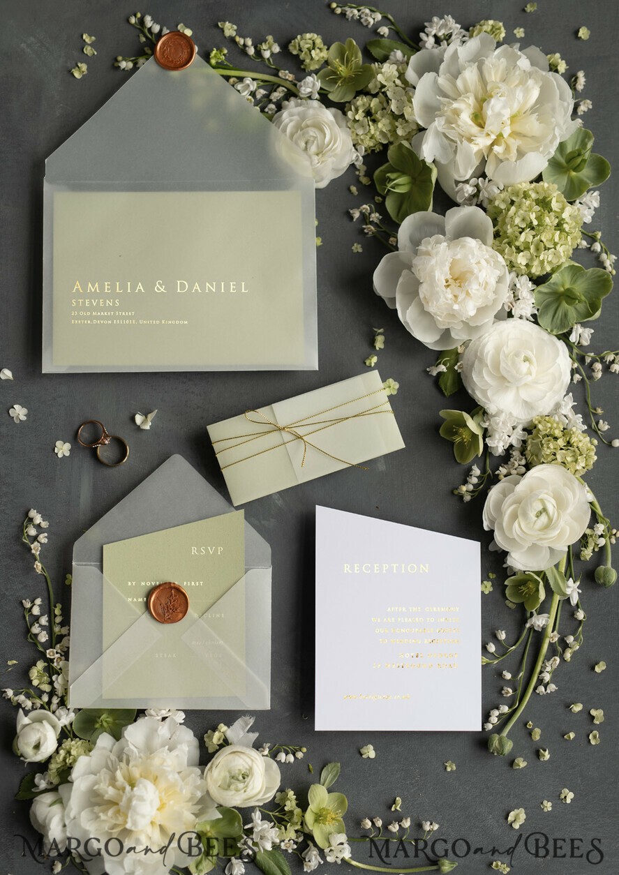 WEDDING INVITATIONS gold / rose gold / silver / glitter Luxury Gold Foil Wedding Invites, Elegant Sage Green Wedding Invites, Glamour Golden Shine Wedding Invitation Suite, Geometric Wedding Cards