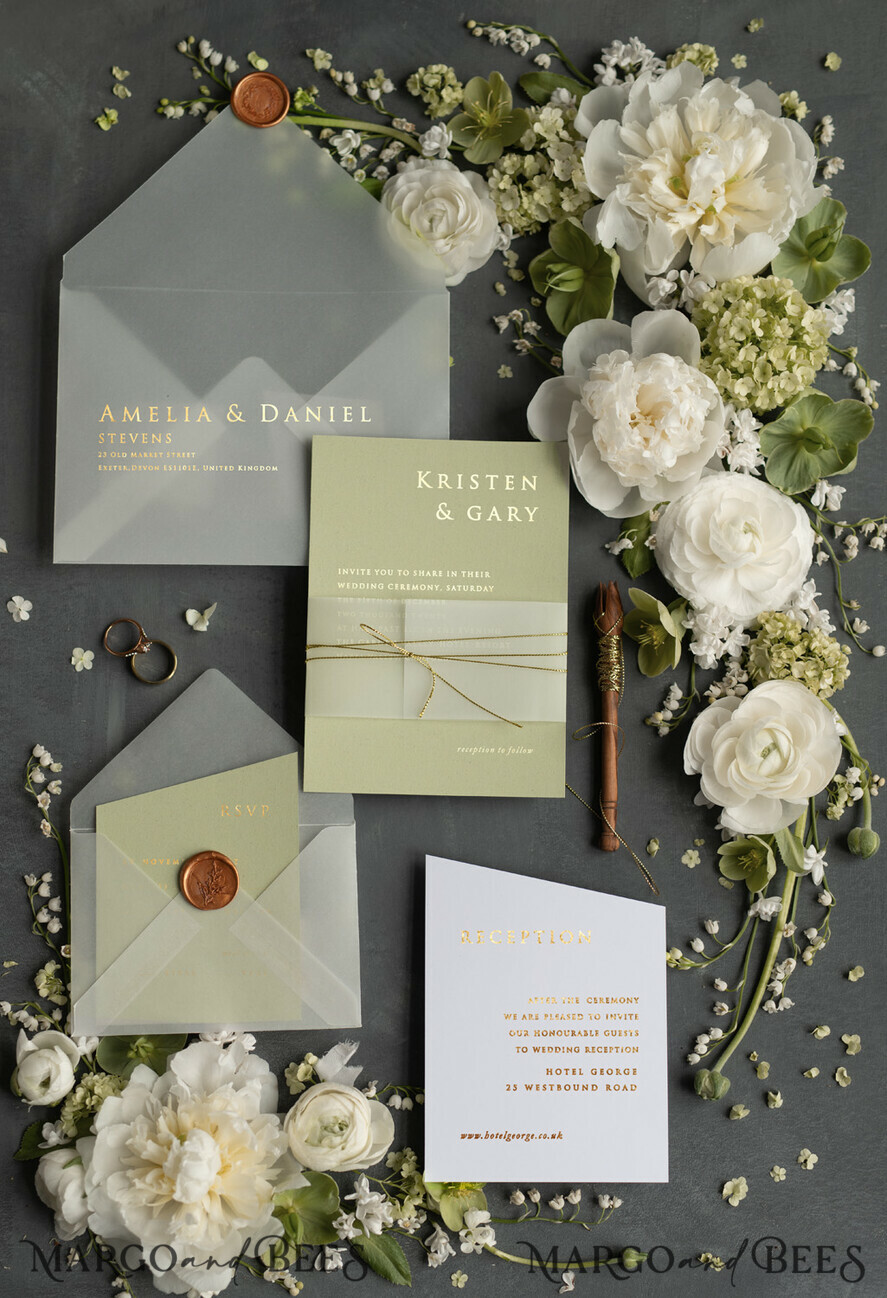 WEDDING INVITATIONS gold / rose gold / silver / glitter Luxury Gold Foil Wedding Invites, Elegant Sage Green Wedding Invites, Glamour Golden Shine Wedding Invitation Suite, Geometric Wedding Cards