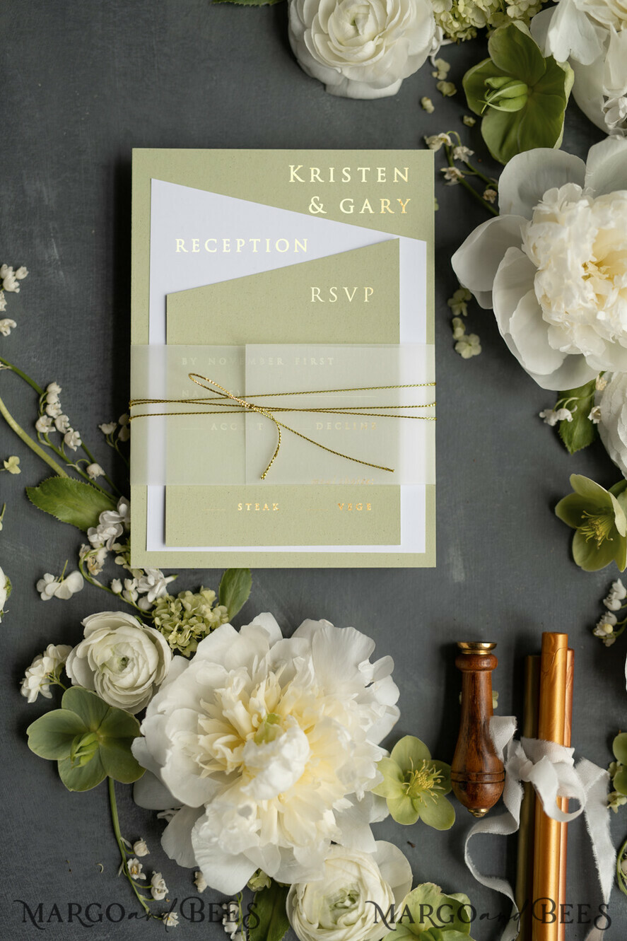 WEDDING INVITATIONS gold / rose gold / silver / glitter Luxury Gold Foil Wedding Invites, Elegant Sage Green Wedding Invites, Glamour Golden Shine Wedding Invitation Suite, Geometric Wedding Cards