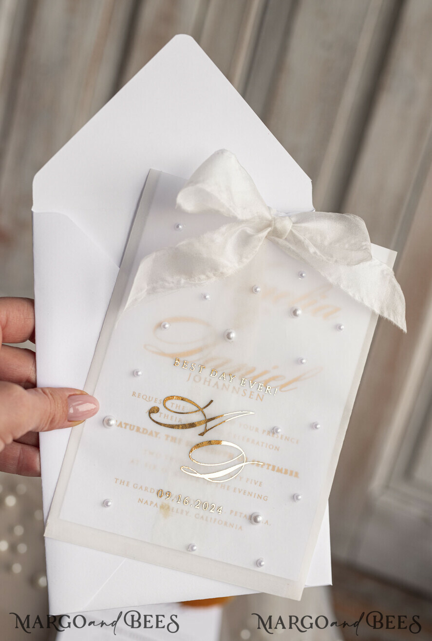 WEDDING INVITATIONS gold / rose gold / silver / glitter beaded bespoke Elegant pure white Gold Wedding Invitation Suite, Beaded Perls Wedding Cards, luxury Wedding Stationery, silk ribbon, vellum beaded etui with your monogram