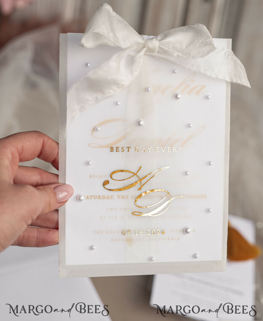 WEDDING INVITATIONS gold / rose gold / silver / glitter beaded bespoke Elegant pure white Gold Wedding Invitation Suite, Beaded Perls Wedding Cards, luxury Wedding Stationery, silk ribbon, vellum beaded etui with your monogram