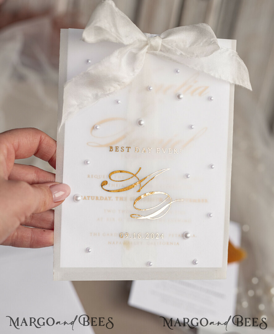 WEDDING INVITATIONS gold / rose gold / silver / glitter beaded bespoke Elegant pure white Gold Wedding Invitation Suite, Beaded Perls Wedding Cards, luxury Wedding Stationery, silk ribbon, vellum beaded etui with your monogram
