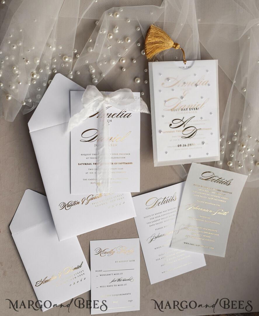 WEDDING INVITATIONS gold / rose gold / silver / glitter beaded bespoke Elegant pure white Gold Wedding Invitation Suite, Beaded Perls Wedding Cards, luxury Wedding Stationery, silk ribbon, vellum beaded etui with your monogram