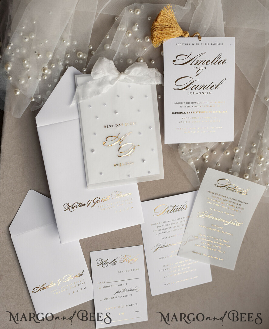 WEDDING INVITATIONS gold / rose gold / silver / glitter beaded bespoke Elegant pure white Gold Wedding Invitation Suite, Beaded Perls Wedding Cards, luxury Wedding Stationery, silk ribbon, vellum beaded etui with your monogram
