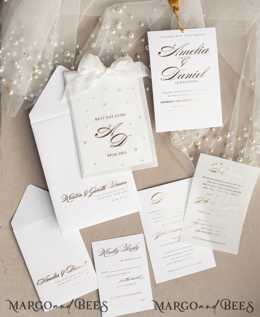 WEDDING INVITATIONS gold / rose gold / silver / glitter beaded bespoke Elegant pure white Gold Wedding Invitation Suite, Beaded Perls Wedding Cards, luxury Wedding Stationery, silk ribbon, vellum beaded etui with your monogram