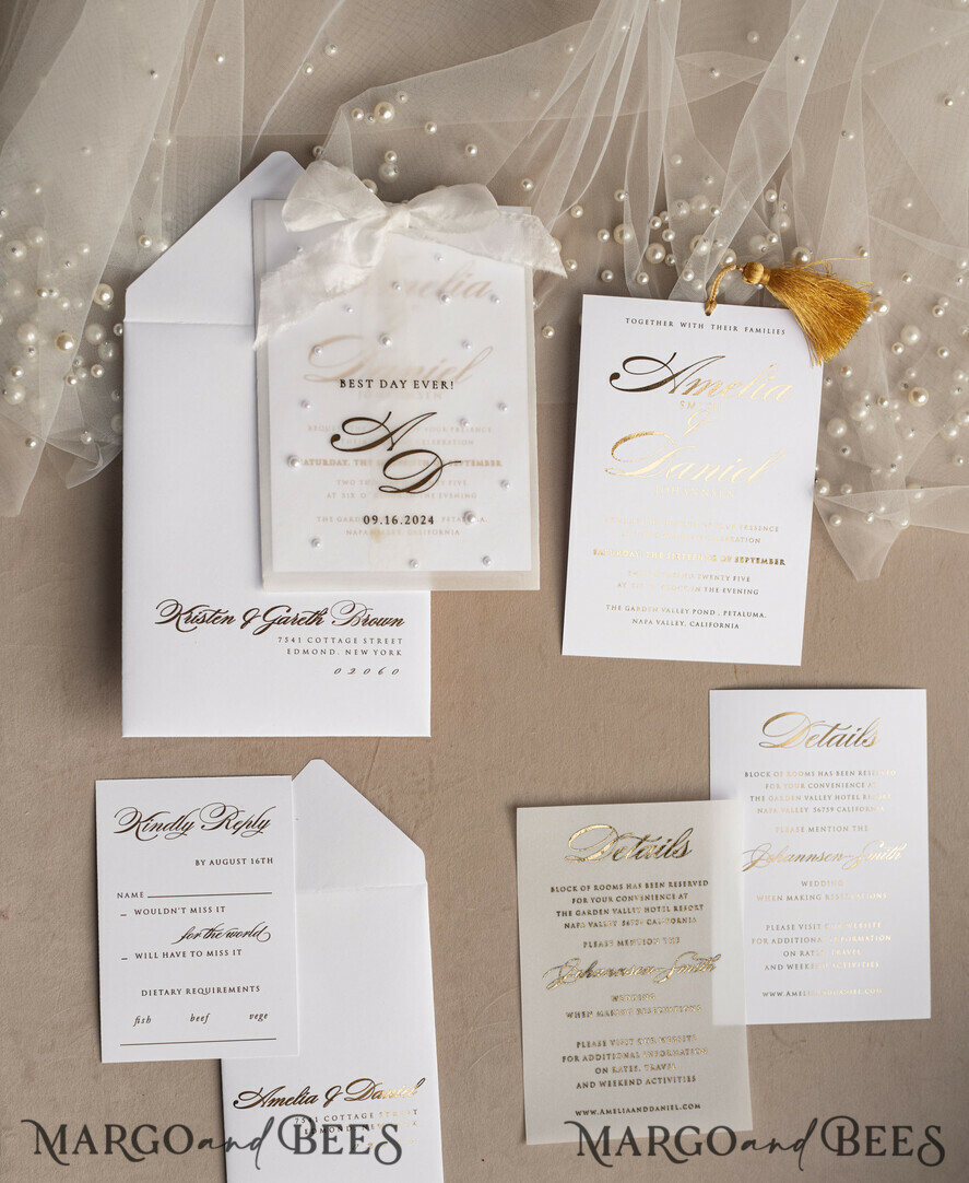WEDDING INVITATIONS gold / rose gold / silver / glitter beaded bespoke Elegant pure white Gold Wedding Invitation Suite, Beaded Perls Wedding Cards, luxury Wedding Stationery, silk ribbon, vellum beaded etui with your monogram