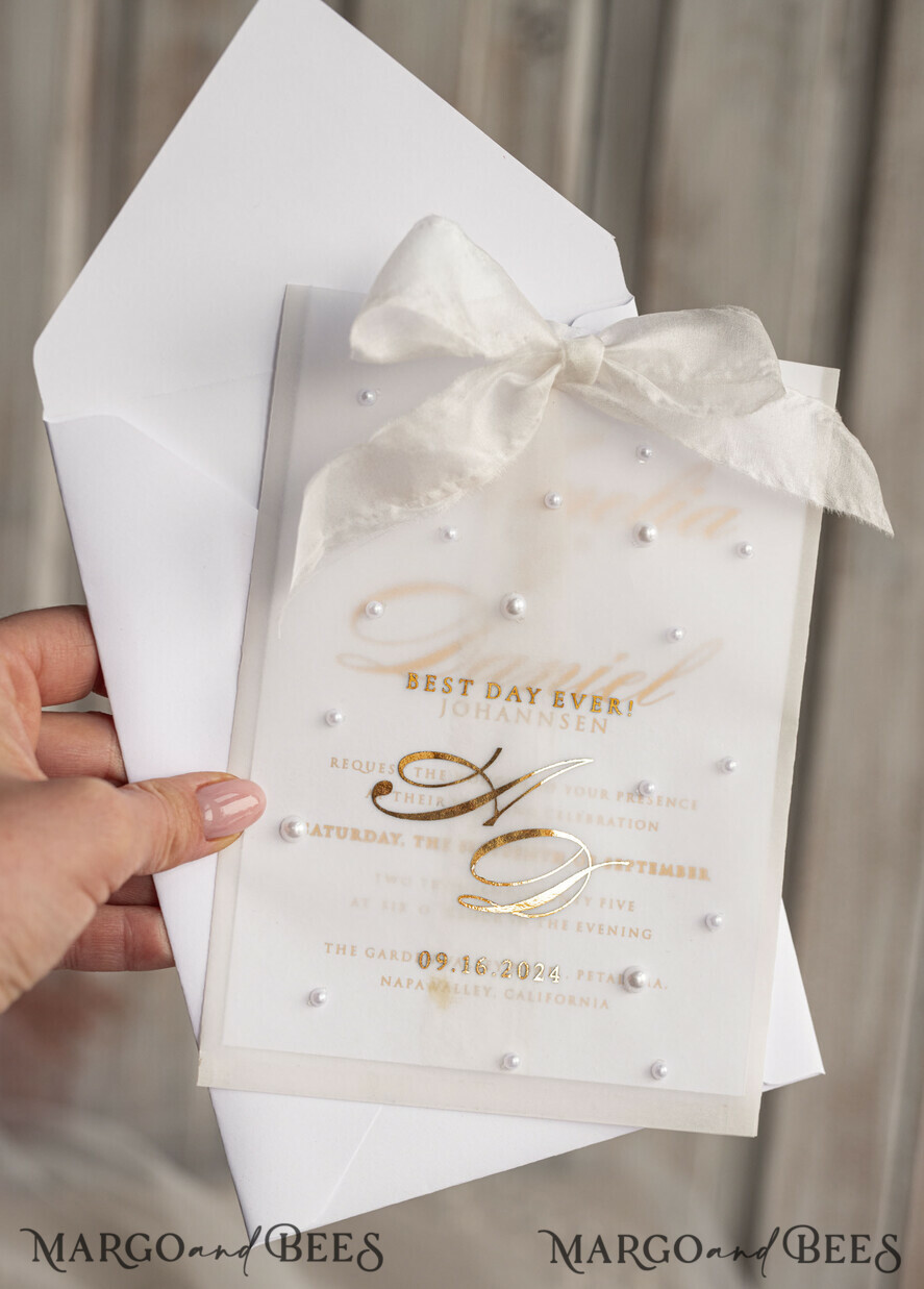 WEDDING INVITATIONS gold / rose gold / silver / glitter beaded bespoke Elegant pure white Gold Wedding Invitation Suite, Beaded Perls Wedding Cards, luxury Wedding Stationery, silk ribbon, vellum beaded etui with your monogram