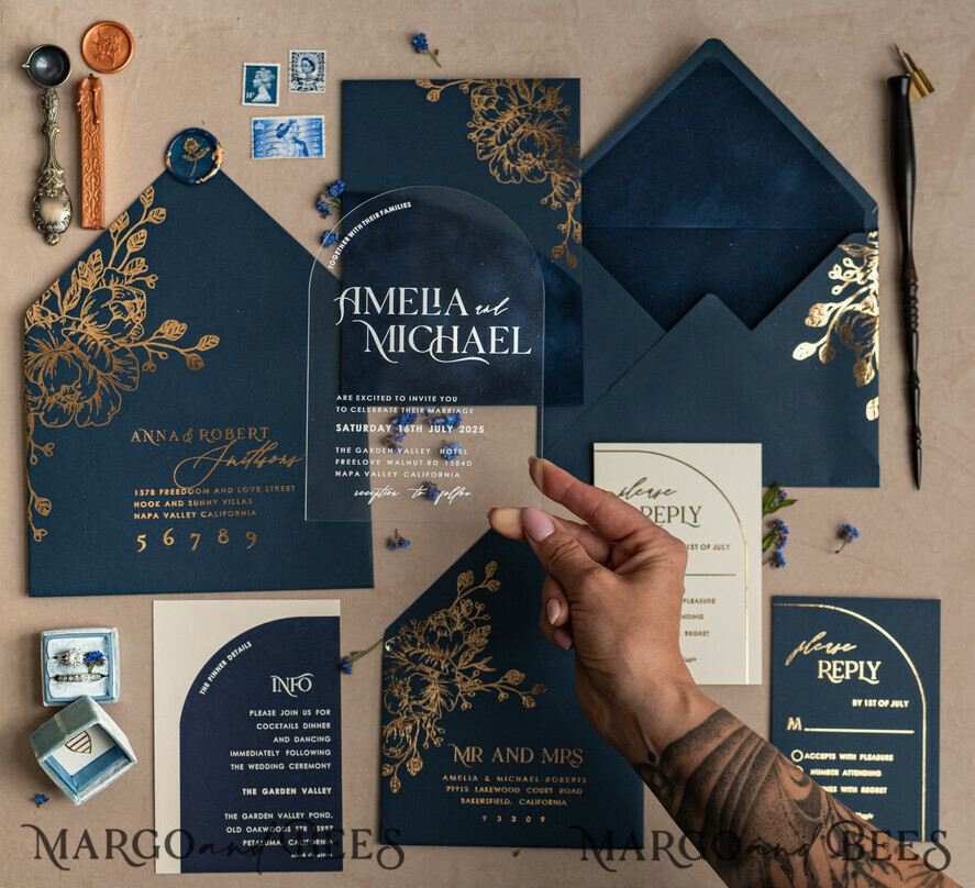 WEDDING INVITATIONS gold / rose gold / silver / glitter Navy Gold Arch Wedding invitations, Plexi Pocket Velvet Wedding Invitations, Dark Blue Gold Wedding Invitation Suite, Elegant Wedding Cards