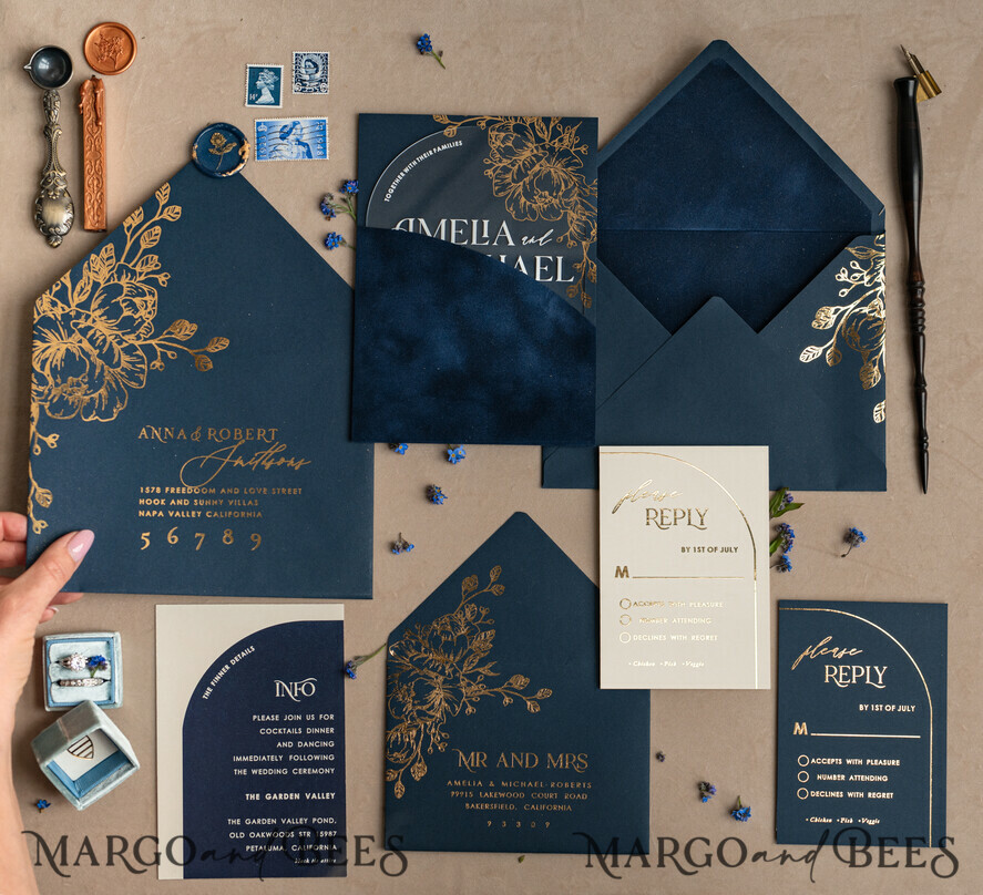 WEDDING INVITATIONS gold / rose gold / silver / glitter Navy Gold Arch Wedding invitations, Plexi Pocket Velvet Wedding Invitations, Dark Blue Gold Wedding Invitation Suite, Elegant Wedding Cards