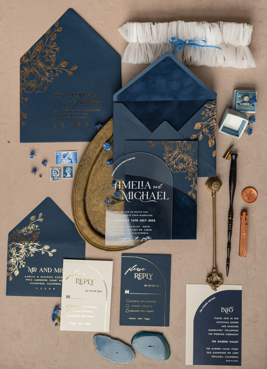 WEDDING INVITATIONS gold / rose gold / silver / glitter Navy Gold Arch Wedding invitations, Plexi Pocket Velvet Wedding Invitations, Dark Blue Gold Wedding Invitation Suite, Elegant Wedding Cards