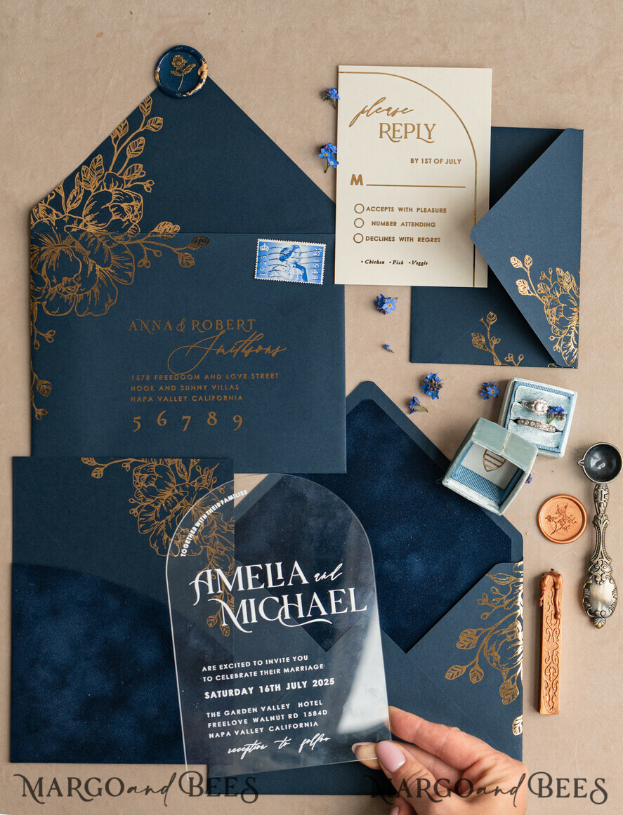 WEDDING INVITATIONS gold / rose gold / silver / glitter Navy Gold Arch Wedding invitations, Plexi Pocket Velvet Wedding Invitations, Dark Blue Gold Wedding Invitation Suite, Elegant Wedding Cards