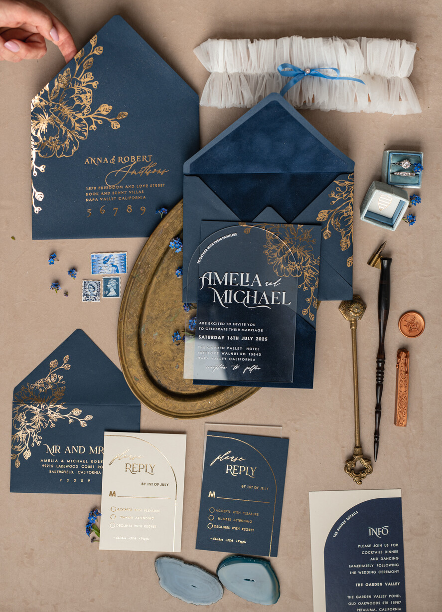 WEDDING INVITATIONS gold / rose gold / silver / glitter Navy Gold Arch Wedding invitations, Plexi Pocket Velvet Wedding Invitations, Dark Blue Gold Wedding Invitation Suite, Elegant Wedding Cards
