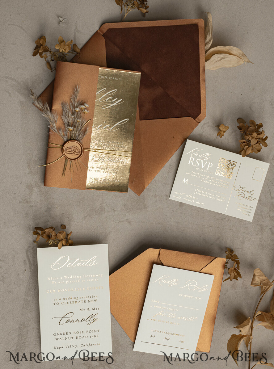 WEDDING INVITATIONS gold / rose gold / silver / glitter Fall Mirror gold Wedding Invitations, Elegant Terracotta Wedding Cards, Burnt orange Acrylic Wedding Invites, Mirror Gold Plexi Wedding Invitation Suite
