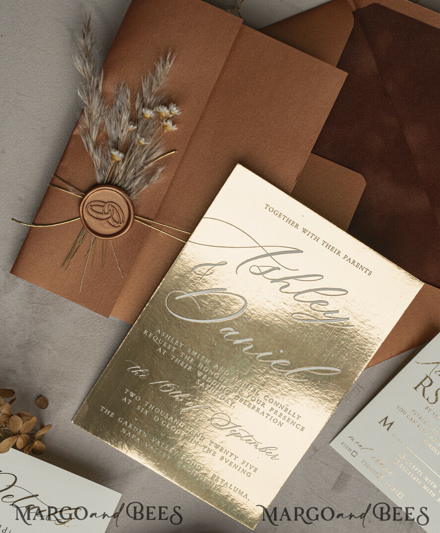 WEDDING INVITATIONS gold / rose gold / silver / glitter Fall Mirror gold Wedding Invitations, Elegant Terracotta Wedding Cards, Burnt orange Acrylic Wedding Invites, Mirror Gold Plexi Wedding Invitation Suite