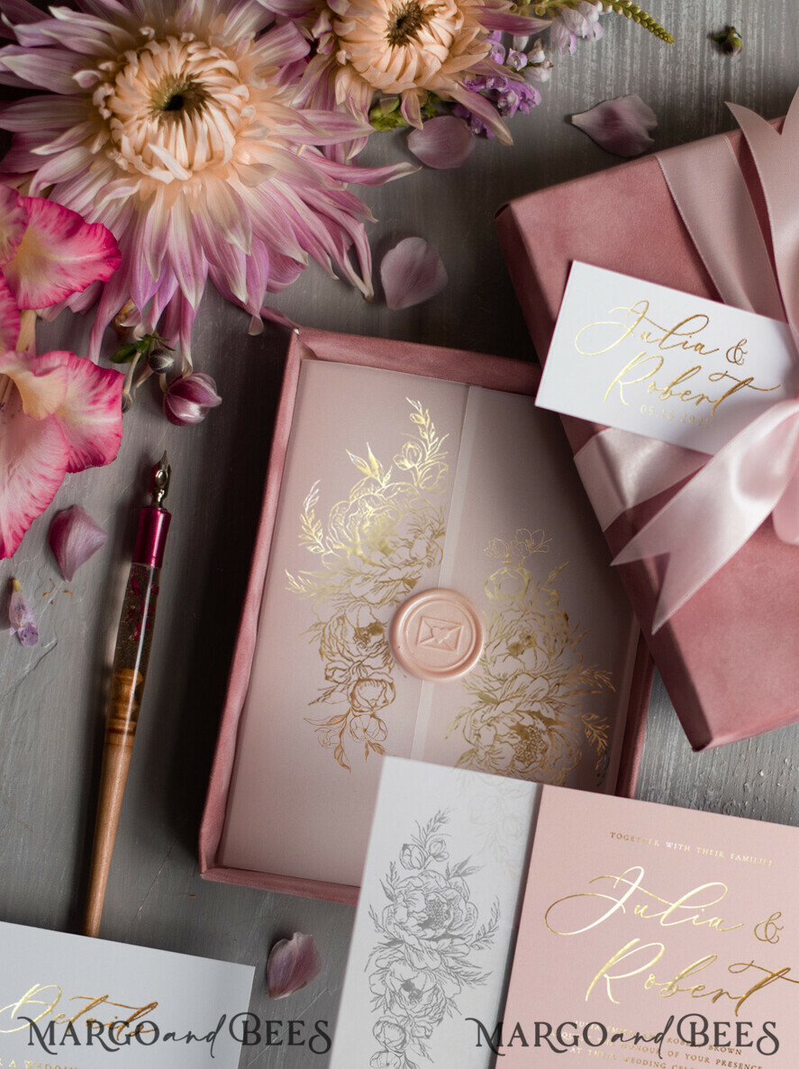 WEDDING INVITATIONS gold / rose gold / silver / glitter Luxury Pink Velvet Wedding Invitations, Glamour Velvet Box Wedding Invitation Suite, Glamour Golden Shine Wedding Cards, Elegant Blush Pink Wedding Invites