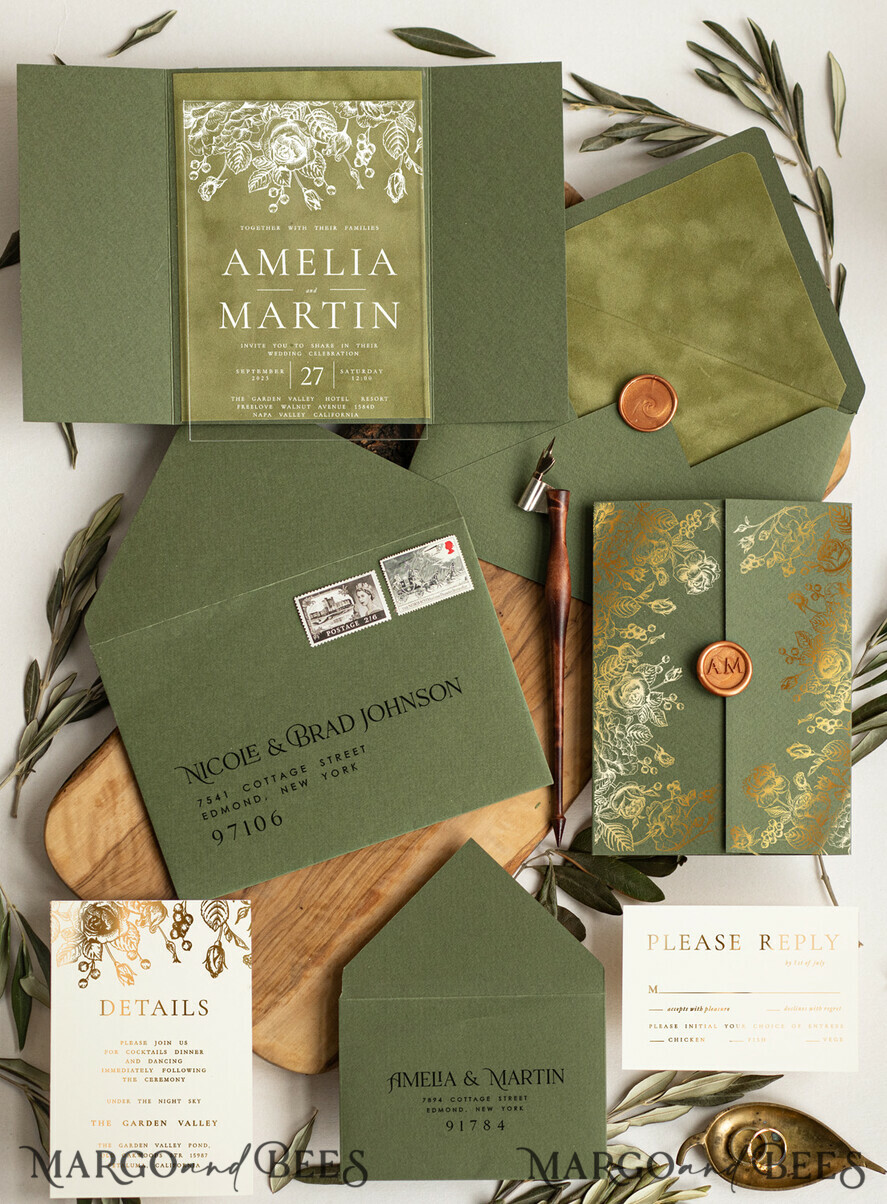WEDDING INVITATIONS gold / rose gold / silver / glitter Acrylic Wedding Invitations cards, glamour Velvet olive green Wedding invitations designs, Italian Wedding invitation template Green Olive Branch