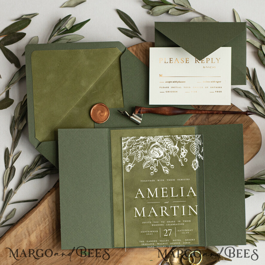 WEDDING INVITATIONS gold / rose gold / silver / glitter Acrylic Wedding Invitations cards, glamour Velvet olive green Wedding invitations designs, Italian Wedding invitation template Green Olive Branch