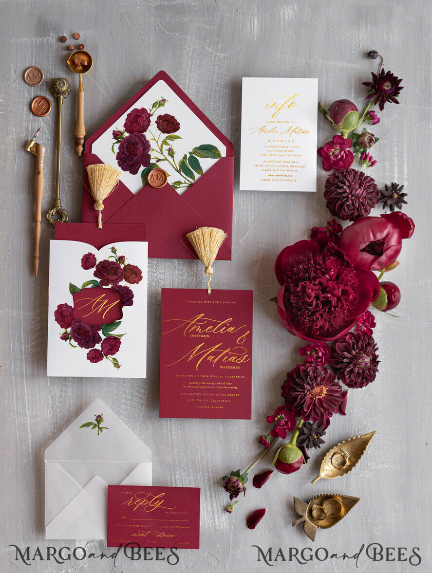 WEDDING INVITATIONS gold / rose gold / silver / glitter Luxury Arabic Wedding Invitation Suite, Golden Shine Wedding Invitations, Glamour Burgundy Indian Wedding Cards, Floral Pocket Wedding Invites With Gold Tassel